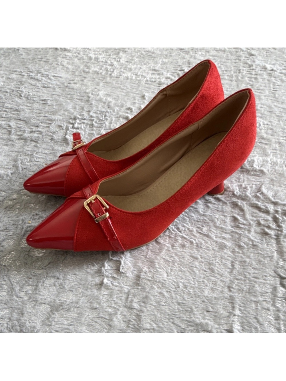 Red Pointed Toe Kitten Heel Pumps with Gold Buckle